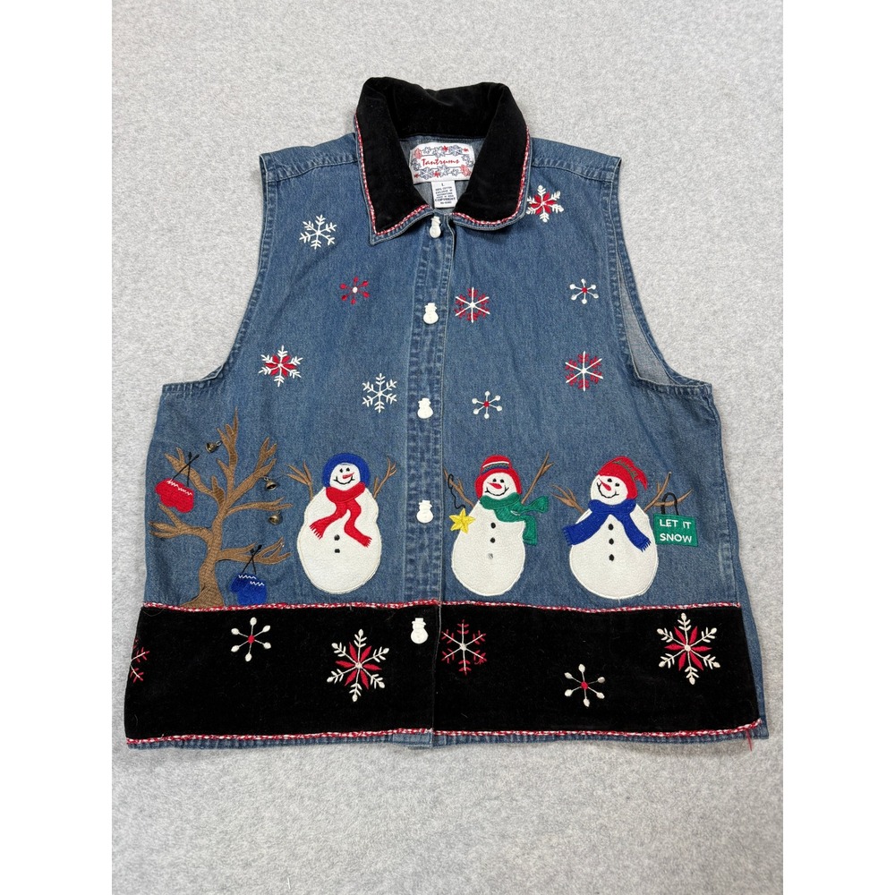 Tantrums Vintage Denim Snowman Christmas Vest Blue Embroidered Large